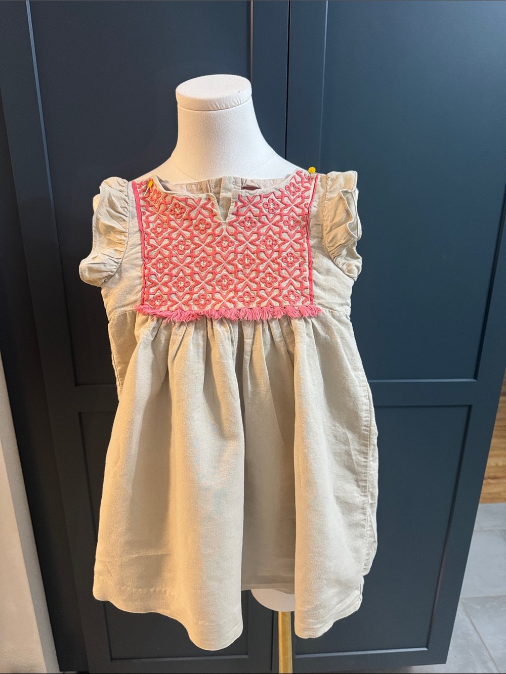 Tea Brand, Cream Dress with Pink Coral Embroidered Yoke